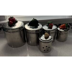 Vintage garden vegetable kitchen cannister set AMCO rust proof stainless steel